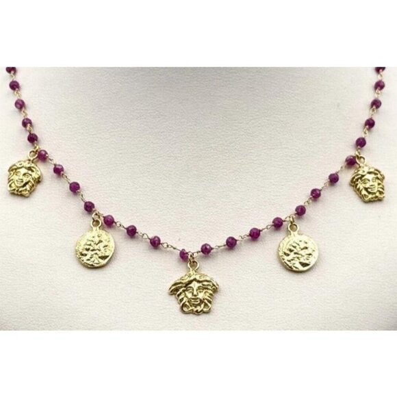 New TAGLIAMONTE 18K Gold plated Garnet Medusa Charm Necklace 18" -Made In Italy - Picture 3 of 9